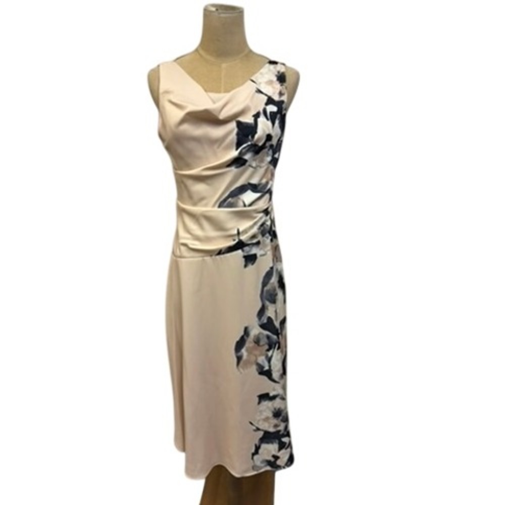 NWT!‎ "DKNY" Floral Print Midi Dress Beige Blk SZ 2 Rouched MSRP-$132 Watercolor